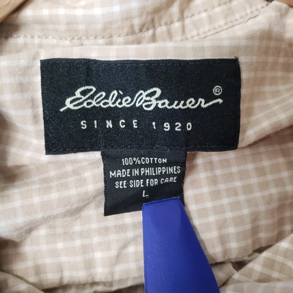 Eddie Bauer‎ Button Down Shirt Mens Large Tan Micro Check Long Sleeve Cotton